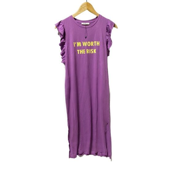 ZARA Women's Midi T-Shirt DRESS WITH FRILLS AND INSCRIPTION Violet - Picture 5 of 5